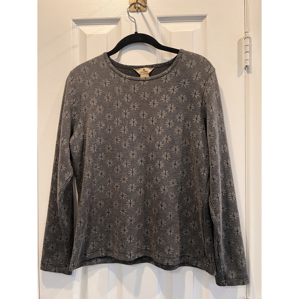Woolrich Womens M Petite Top Gray Charcoal Pinstripe Geometric Long Sleeve